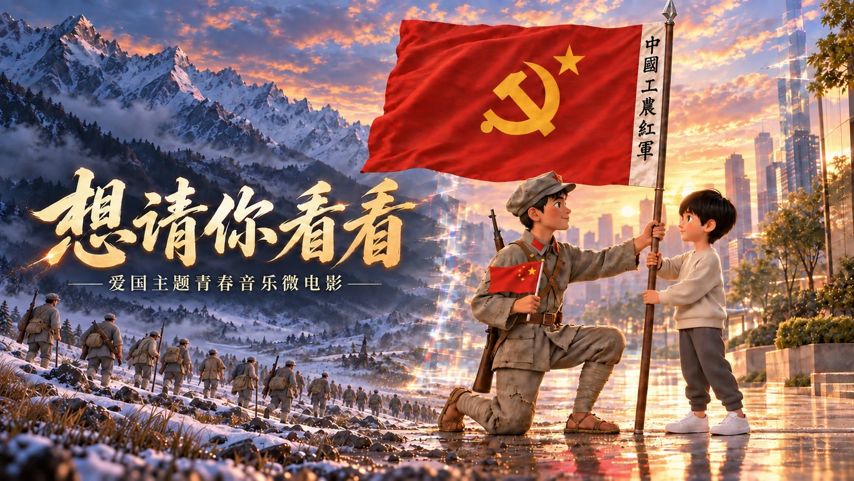 《想请你看看》作品封面：小红军战士与当代中国少年共同擎起中国工农红军旗帜，背景是雪山与现代城市交融的景象。