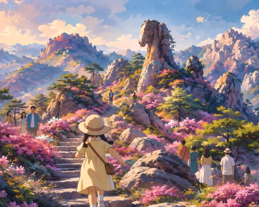 《马头石》作品封面：游客走向山间的马头形岩石。