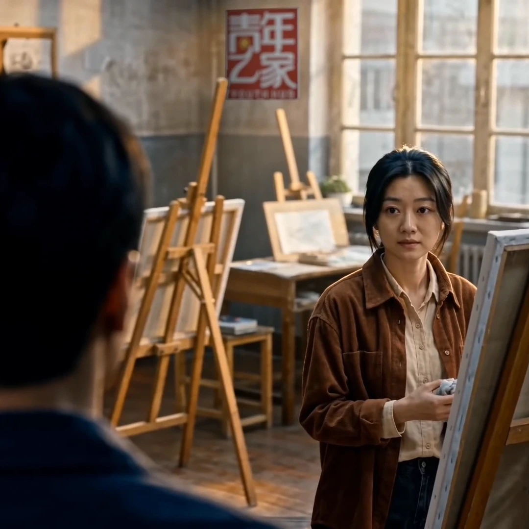 《微光之下》作品封面：画室中站在画架前的青年女性。